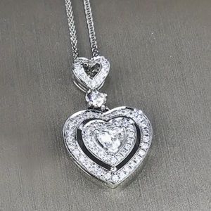Diamond Heart, Simulated, 925 Silver Plated, Love Pendant Glam, Bride, Necklace